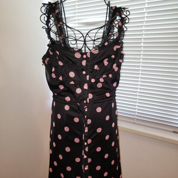 SOLD Vtg 90s Y2K Button Up Ruffled Pink Polka Dot Black Prairie Dress Jumper M - Picture 2 of 14
